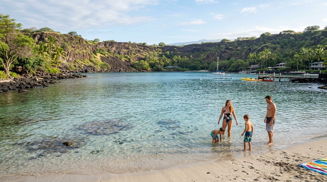A family enjoys a sunny day at a tropical beach with clear turquoise water and volcanic cliffs.