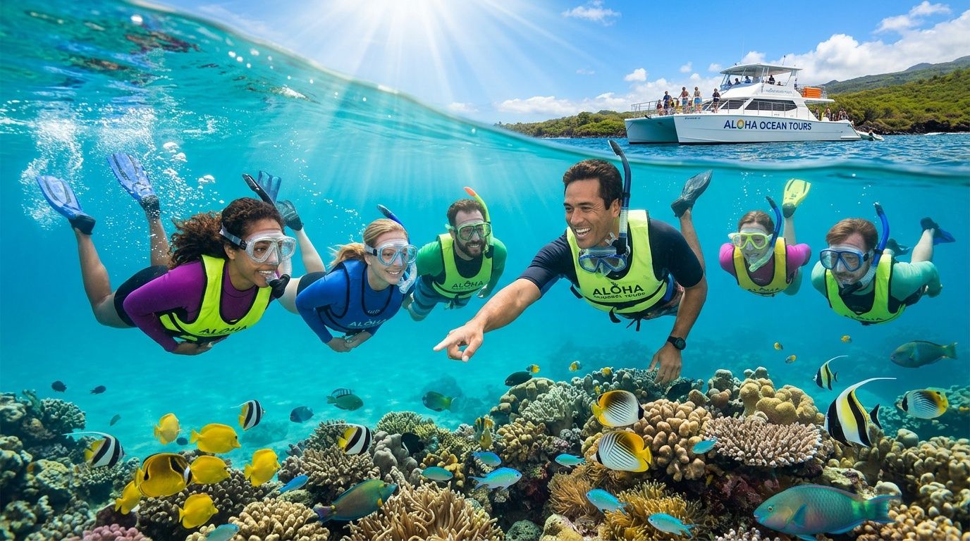 A group of people snorkeling and exploring a colorful coral reef near a boat in Oahu.