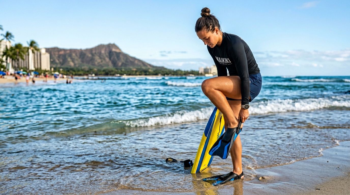 A female surfer putting on her blue swim fins while standing on the sandy beach in Hawaii.