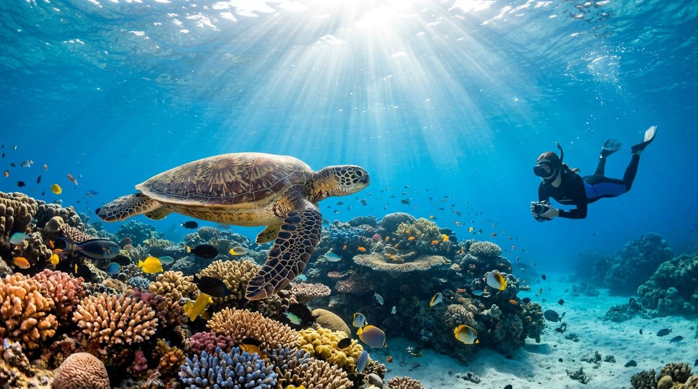 A snorkeler swims near a sea turtle exploring a vibrant coral reef in clear blue ocean water.