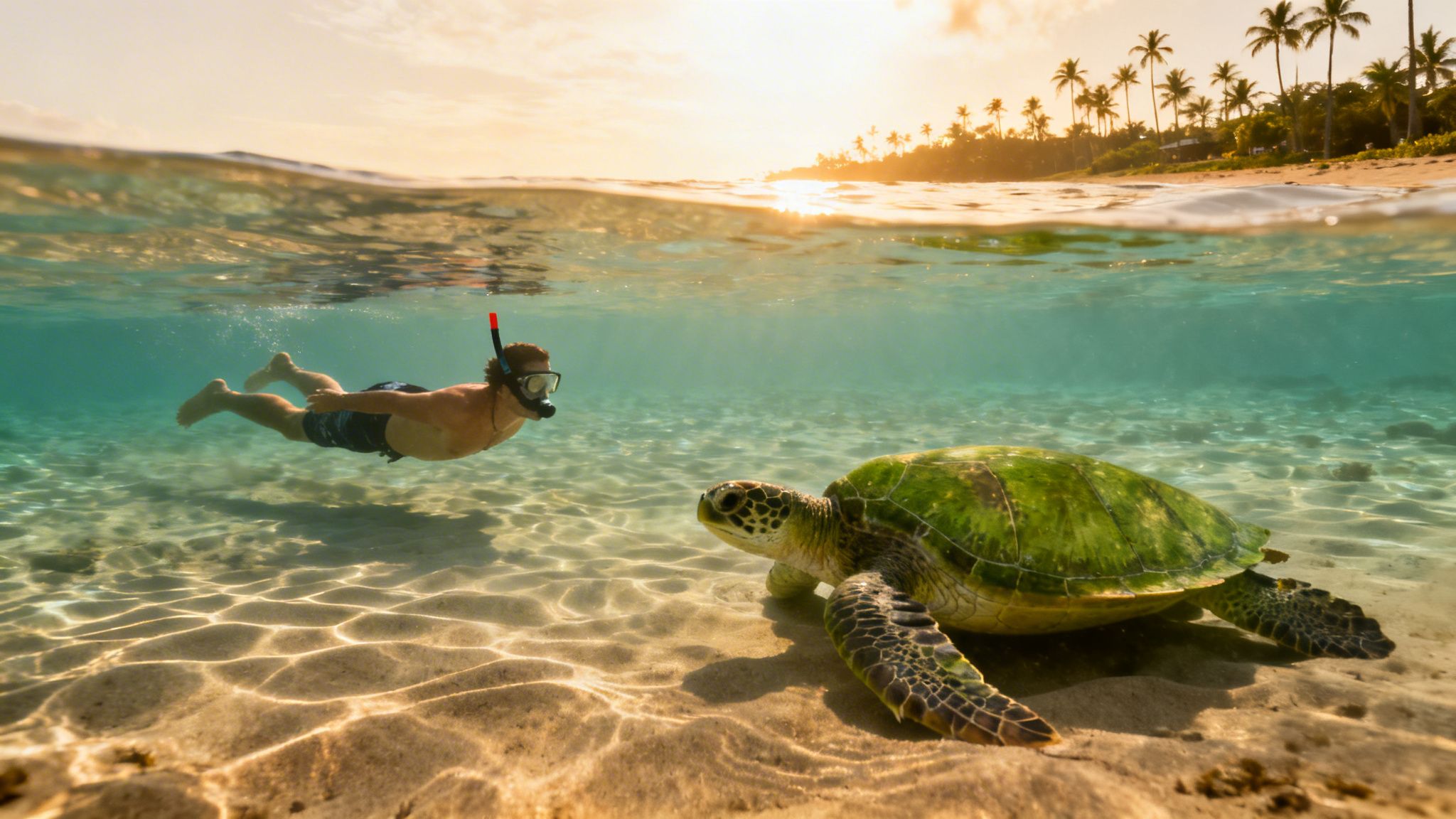 A man snorkels with a large green sea turtle in clear tropical waters at sunset.