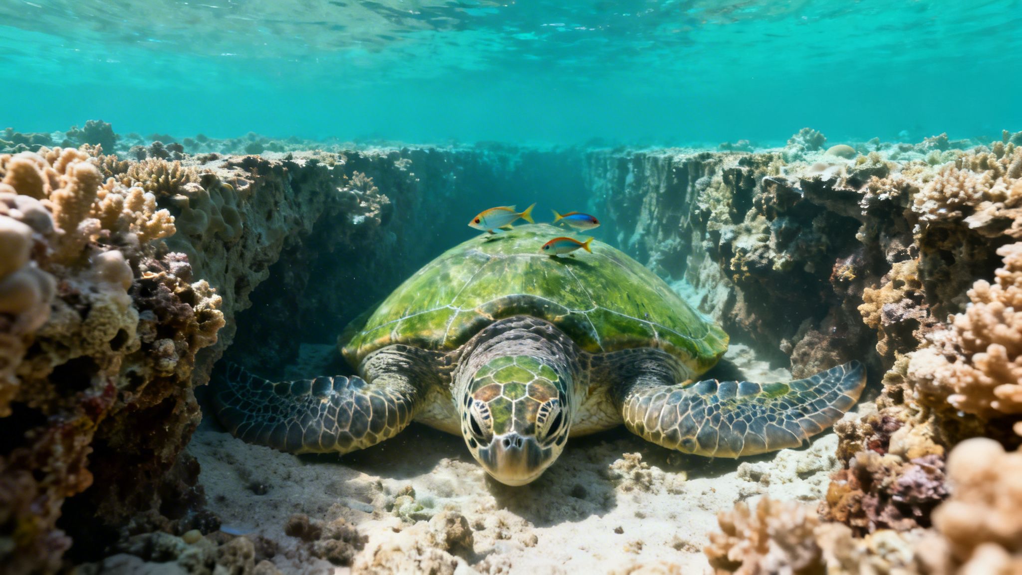 A majestic green sea turtle rests on the sandy seabed with three small fish on its back, surrounded by vibrant coral.