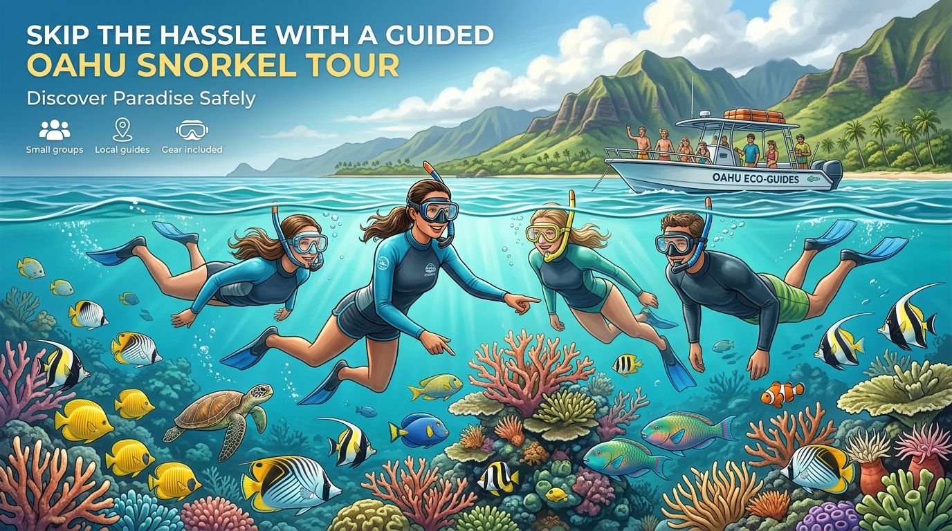 A group of people snorkeling in clear blue ocean water near a coral reef with a boat