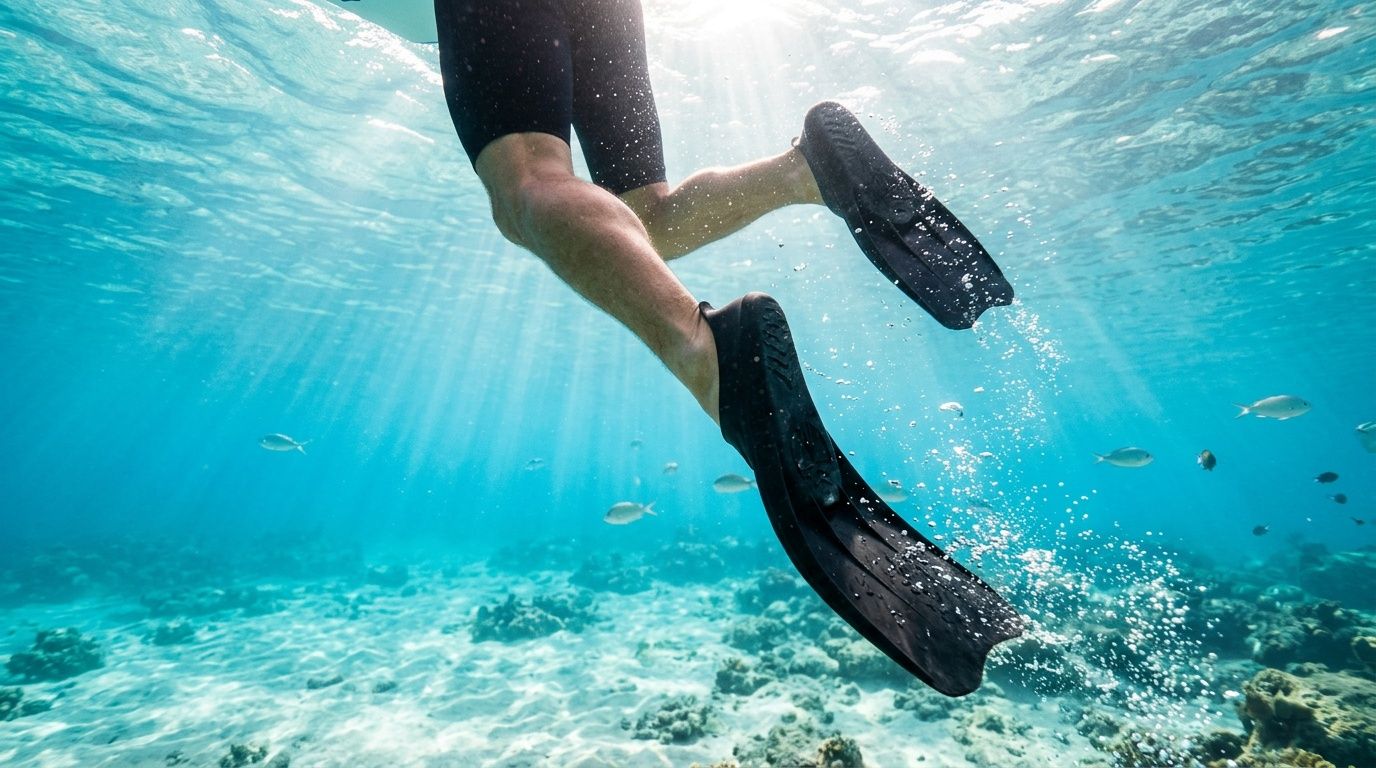 A swimmer wearing black fins while snorkeling in clear, shallow tropical water over a sandy seabed.
