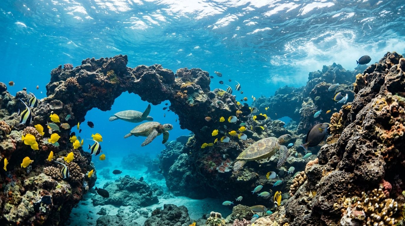 Several sea turtles swimming through a natural coral reef archway surrounded by colorful tropical fish.