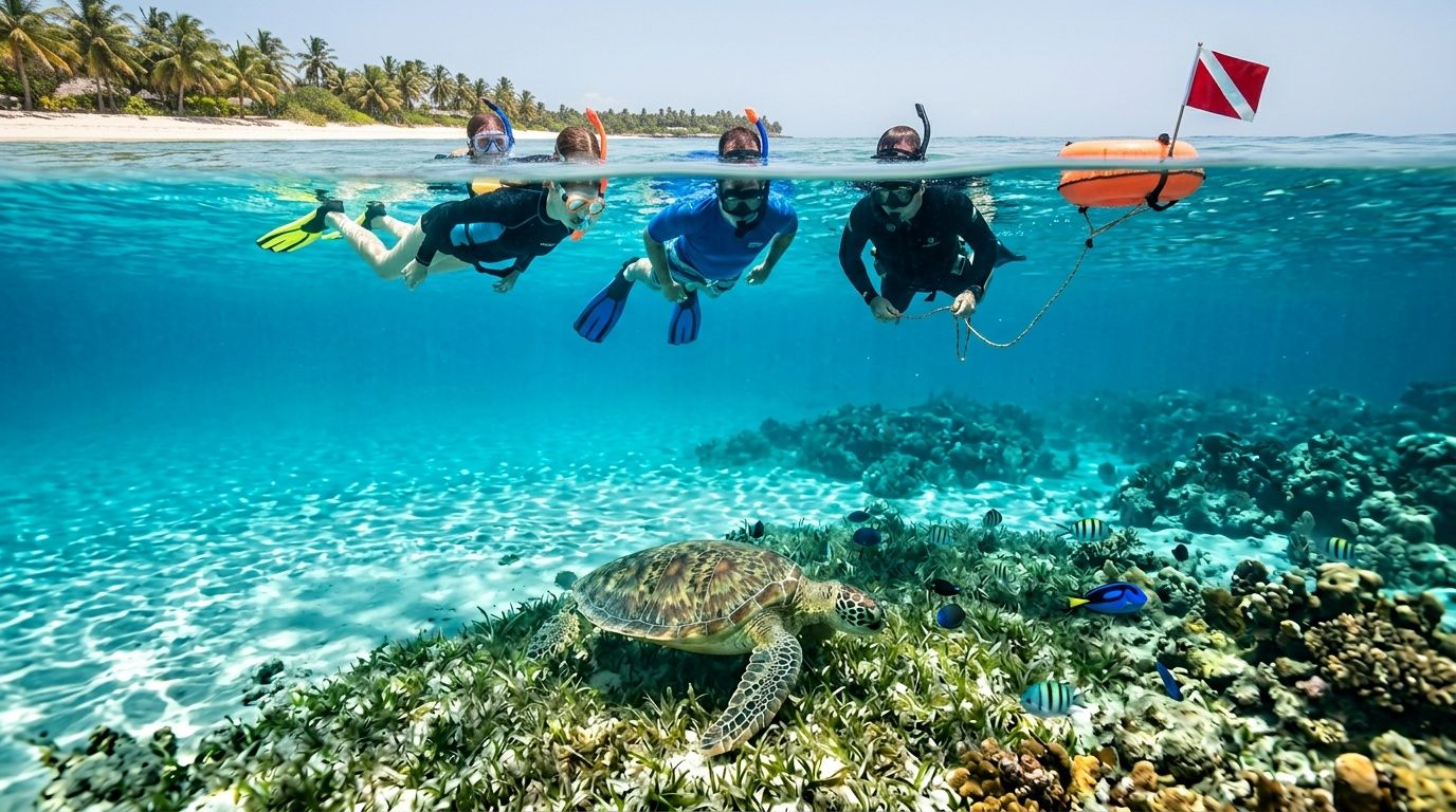 A group of people snorkeling and observing a sea turtle near a tropical beach with clear blue water.