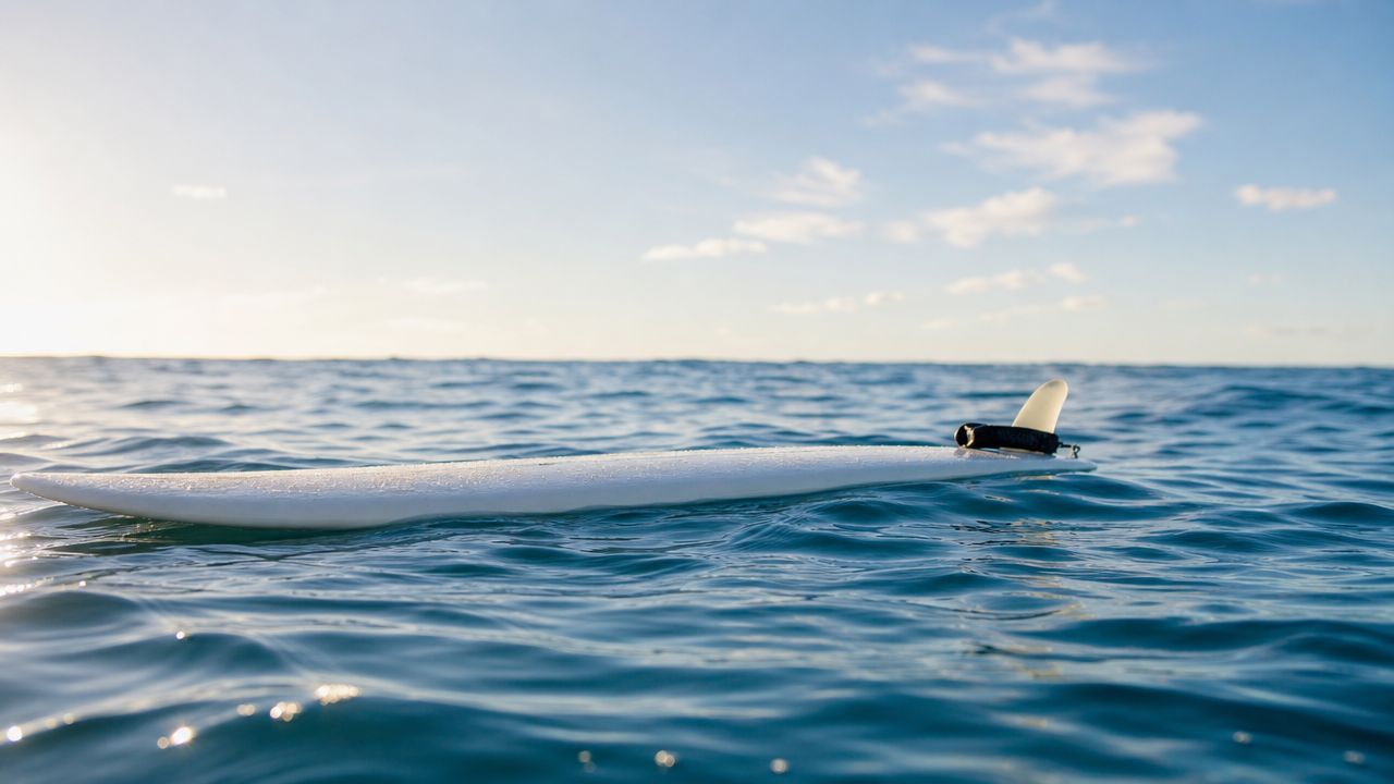 A long surfboard floating peacefully on the clear, calm blue water of the open ocean.