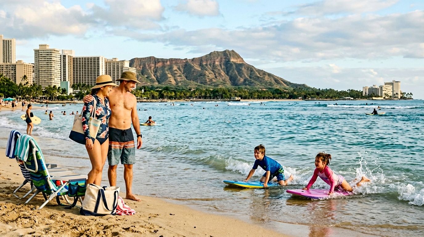 A happy family enjoys a sunny day of boogie boarding at the beach near Diamond Head mountain.