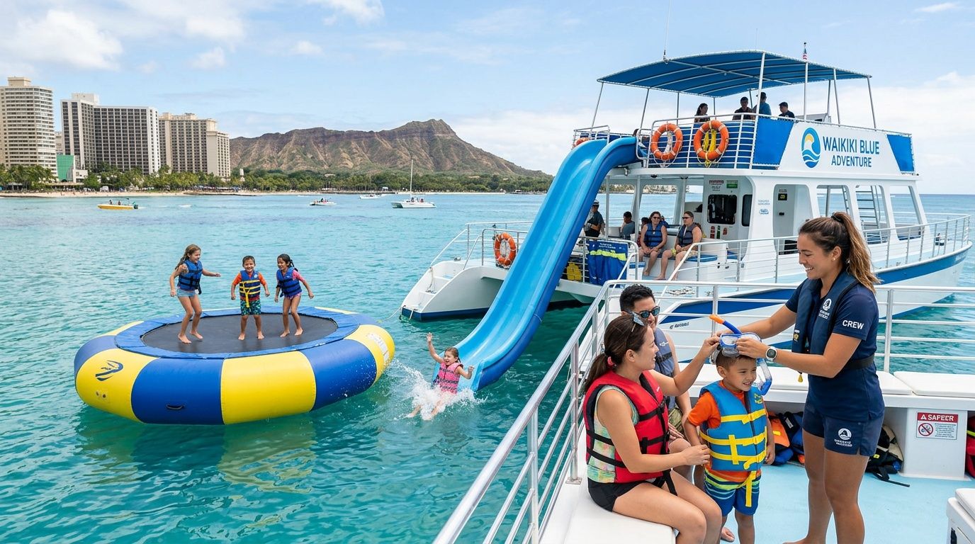 Kids and adults enjoy water activities like snorkeling, a slide, and a trampoline in Waikiki.