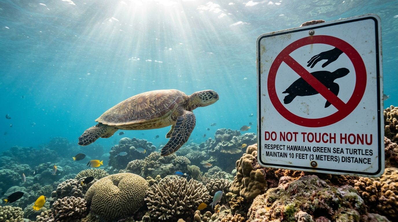 A Hawaiian green sea turtle swimming underwater near a coral reef with a do not touch sign.