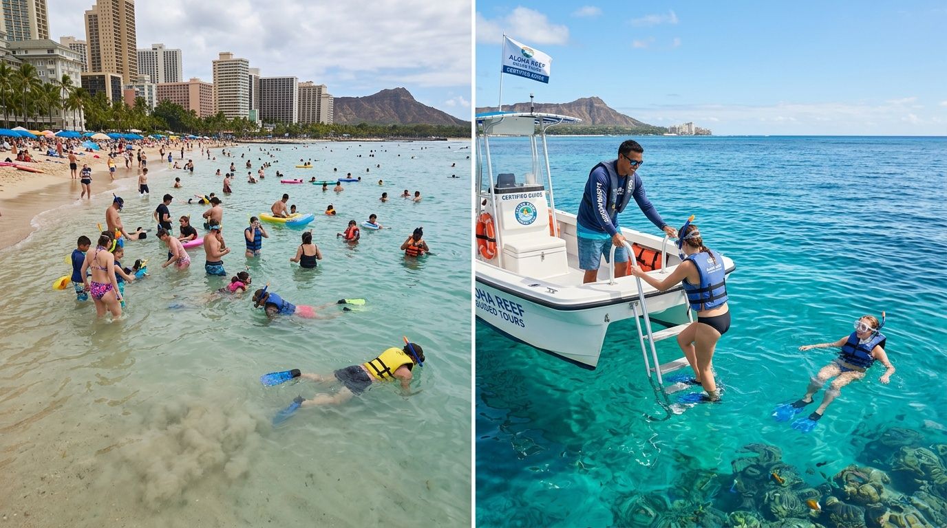 Two scenes showing Waikiki: a crowded beach and a clear water snorkeling tour with a guide.