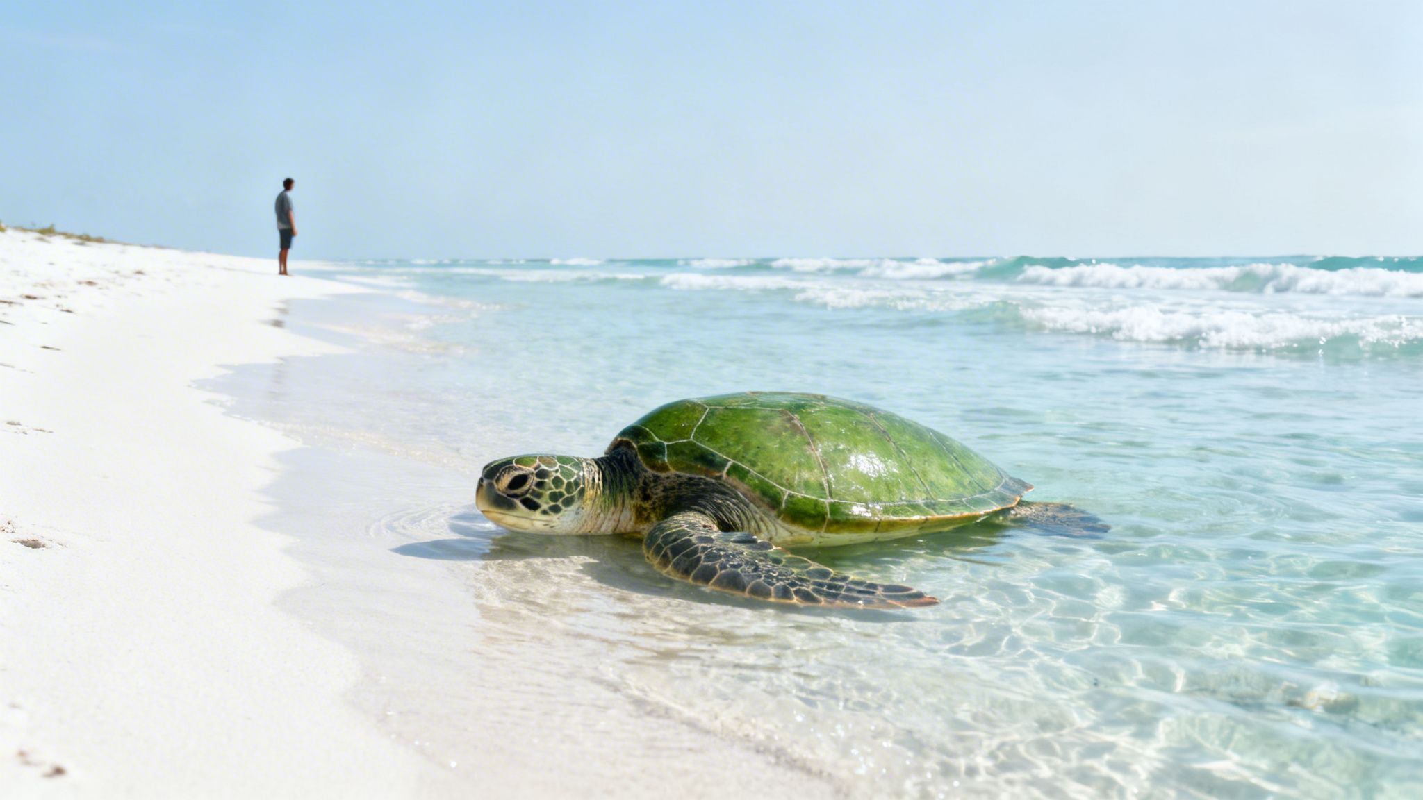 A large green sea turtle partially submerged in clear ocean water on a white sand beach, with a person standing in the distance.