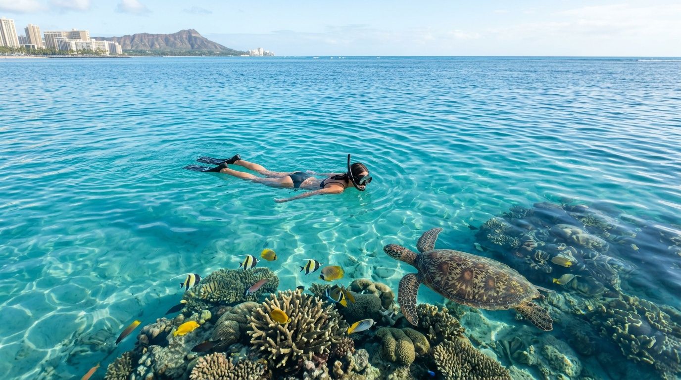 Woman snorkeling with a sea turtle and colorful fish over vibrant coral reefs in clear blue Waikiki waters.