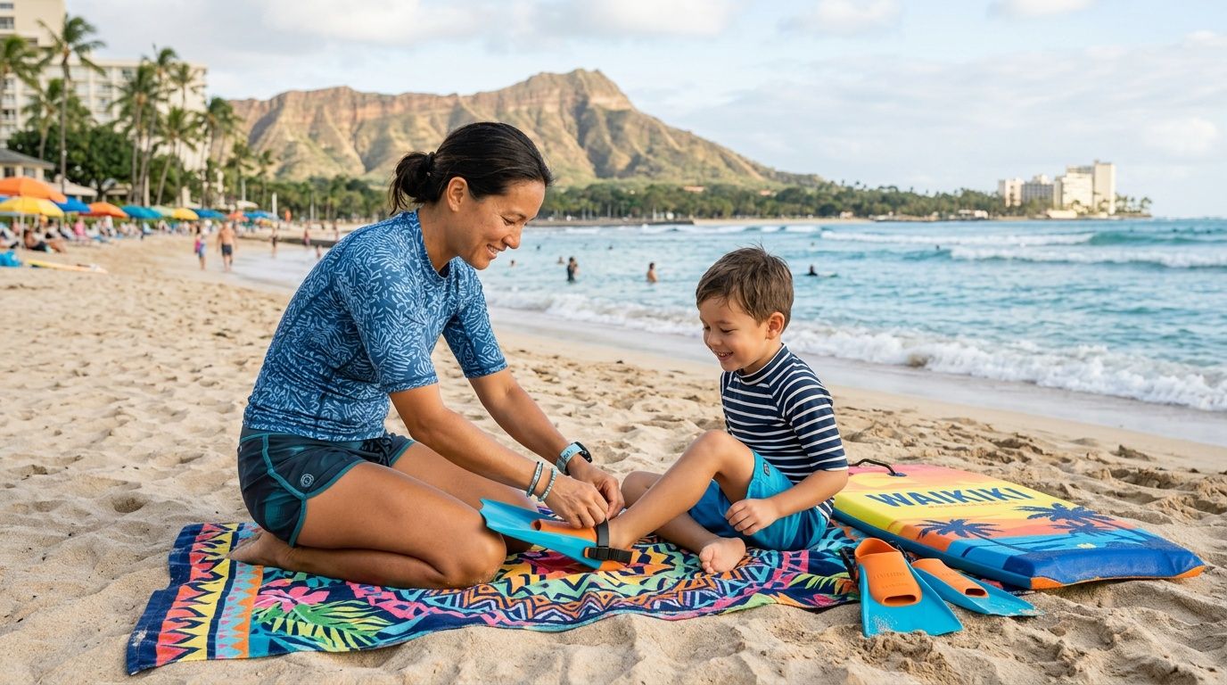 A mother helping her young son put on orange swimming fins while sitting on a beach towel in Hawaii.
