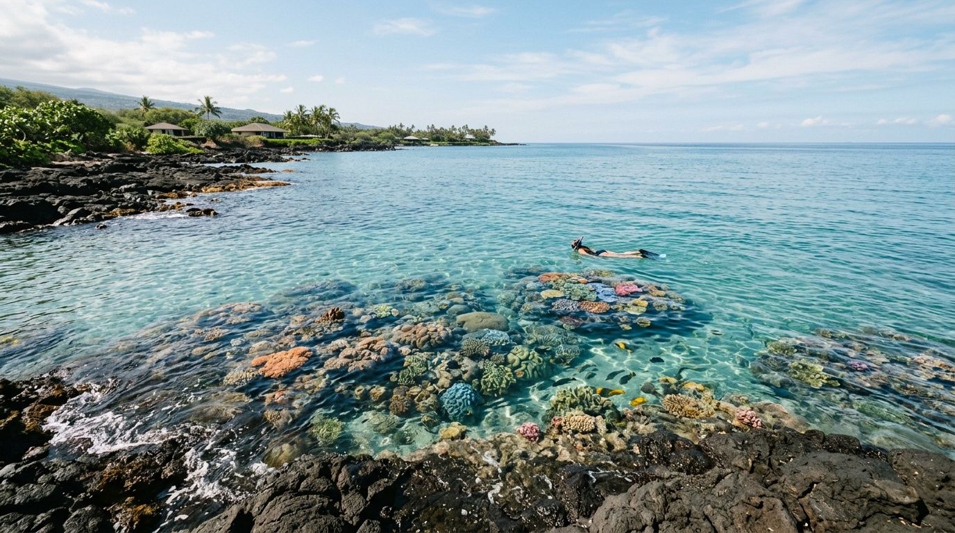 A snorkeler explores a vibrant coral reef in clear turquoise water off a volcanic rock shore in Kona.