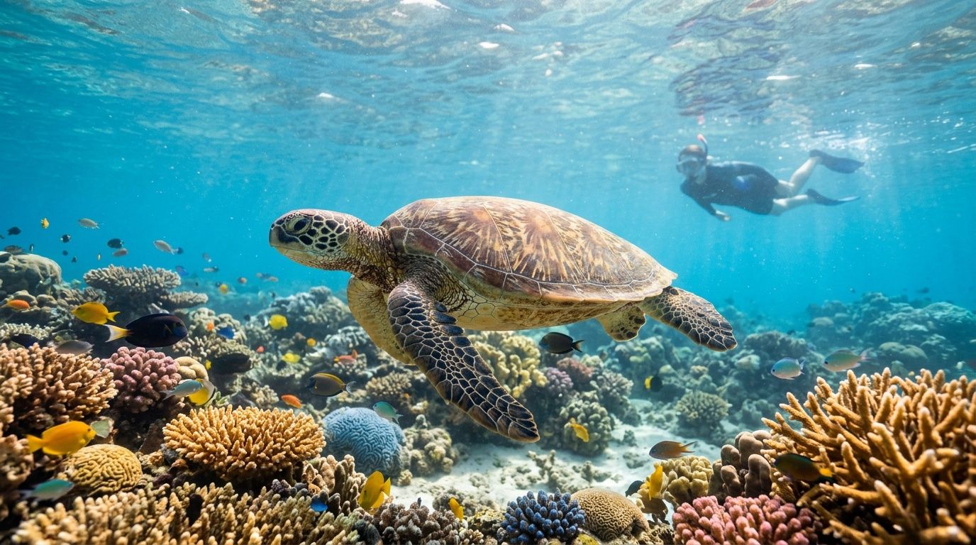 A sea turtle swimming gracefully over a colorful coral reef as a snorkeler observes nearby underwater.