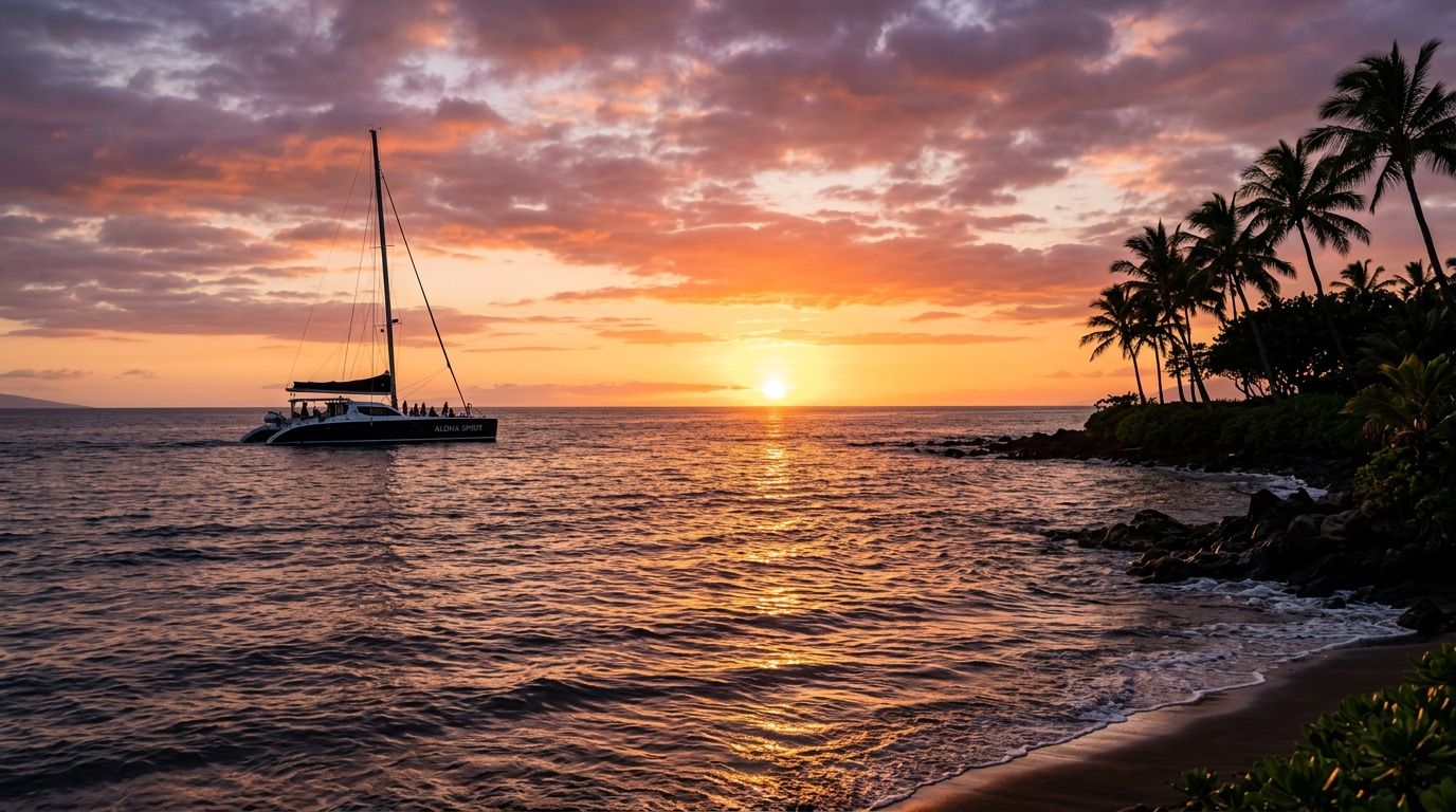 A sailboat glides across the ocean during a vibrant sunset near a scenic, palm-lined Hawaiian coastline.