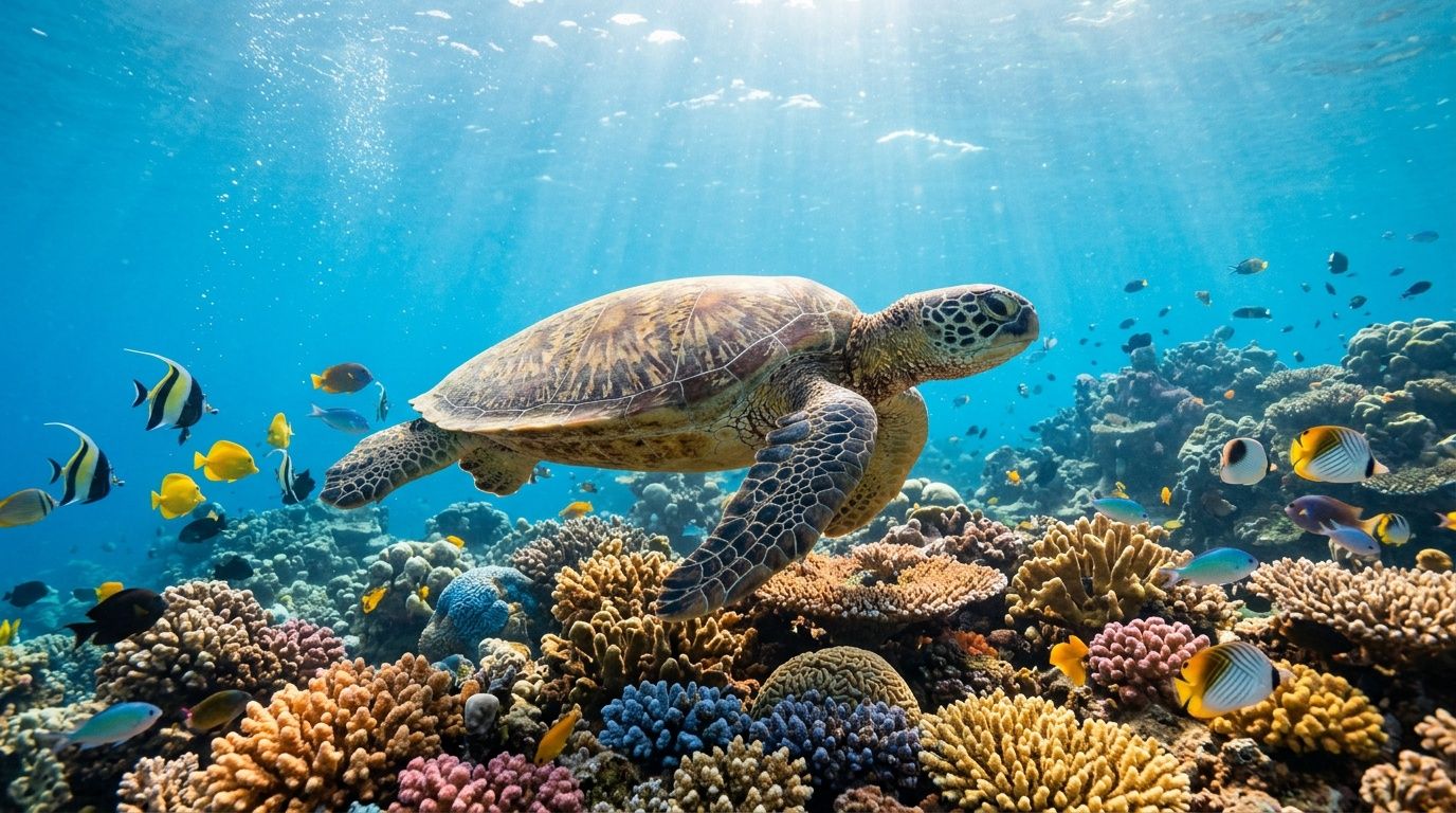 A green sea turtle swims gracefully above a vibrant coral reef filled with colorful tropical fish.