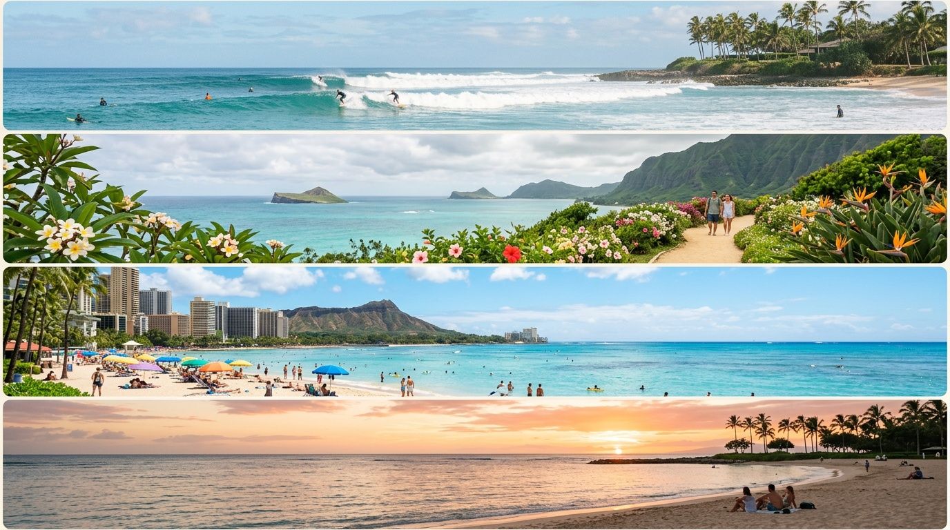 A collage showing diverse Hawaiian landscapes including surfing, scenic coastal trails, Waikiki Beach, and a sunset beach view.