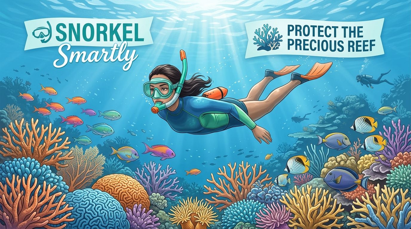 A snorkeler swims gracefully above a vibrant coral reef filled with colorful tropical fish and marine life.