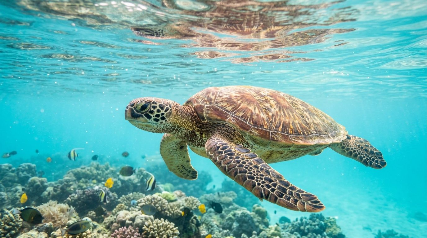 A green sea turtle gracefully swimming through clear turquoise ocean water above a vibrant coral reef.