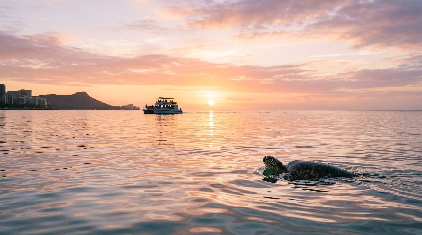 A sea turtle swims in the foreground with a boat and Diamond Head in the distance at sunset.