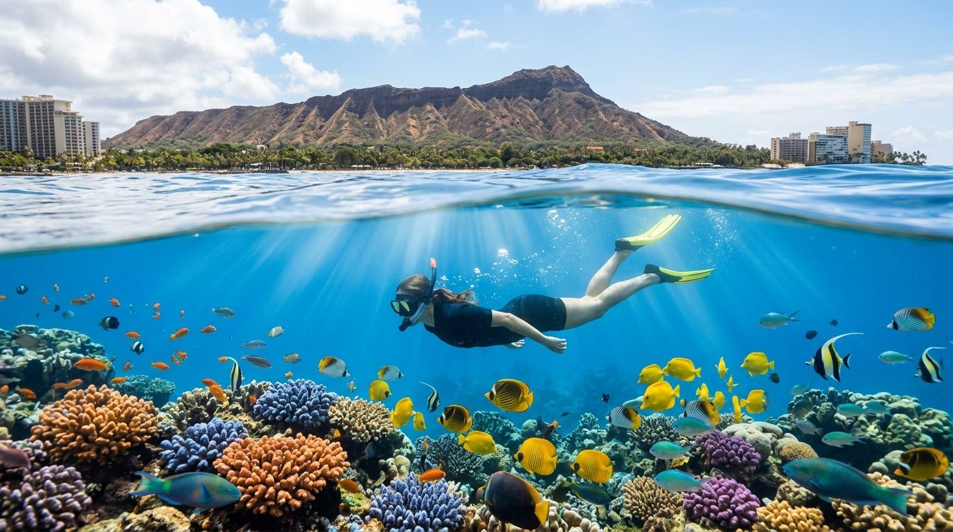 A snorkeler swimming underwater near a vibrant coral reef with Diamond Head crater in the background.