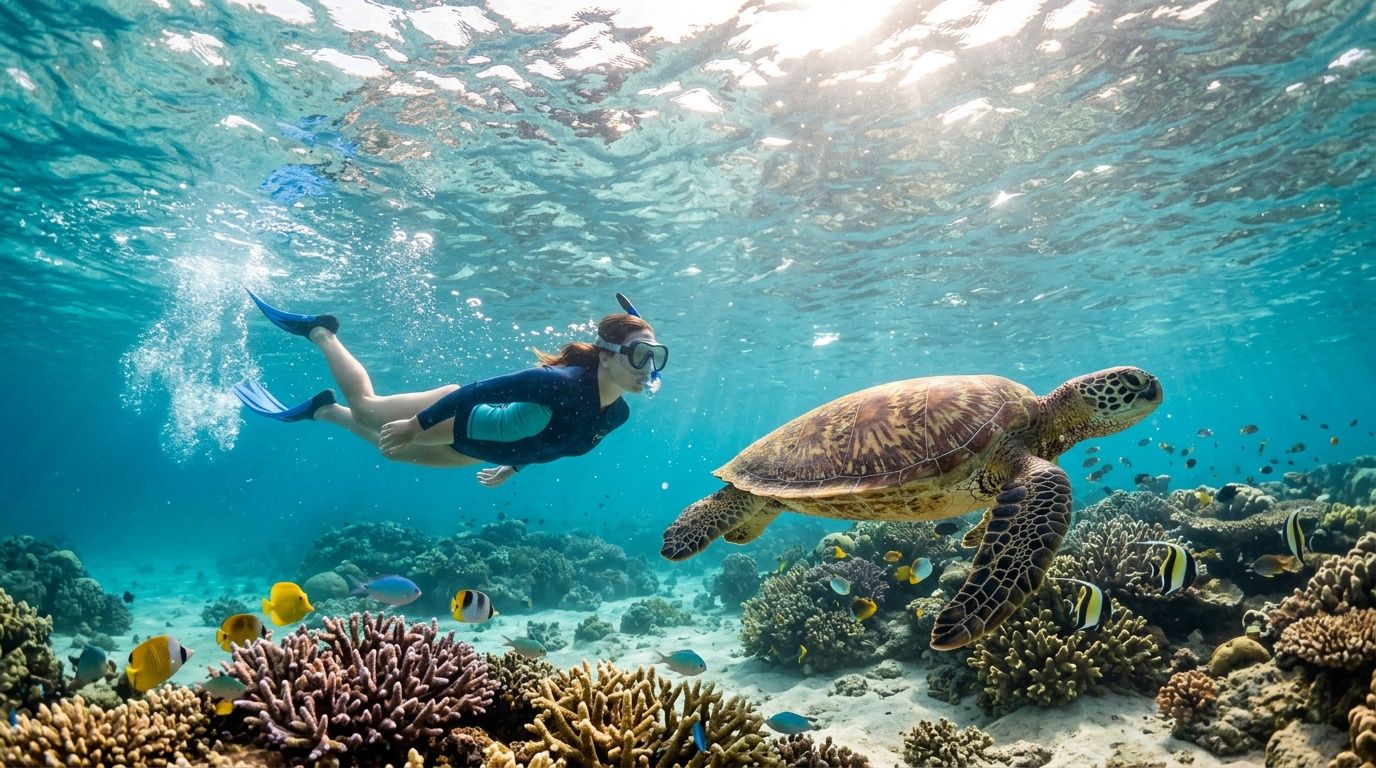 A woman snorkeling underwater while swimming alongside a large sea turtle near a vibrant coral reef.