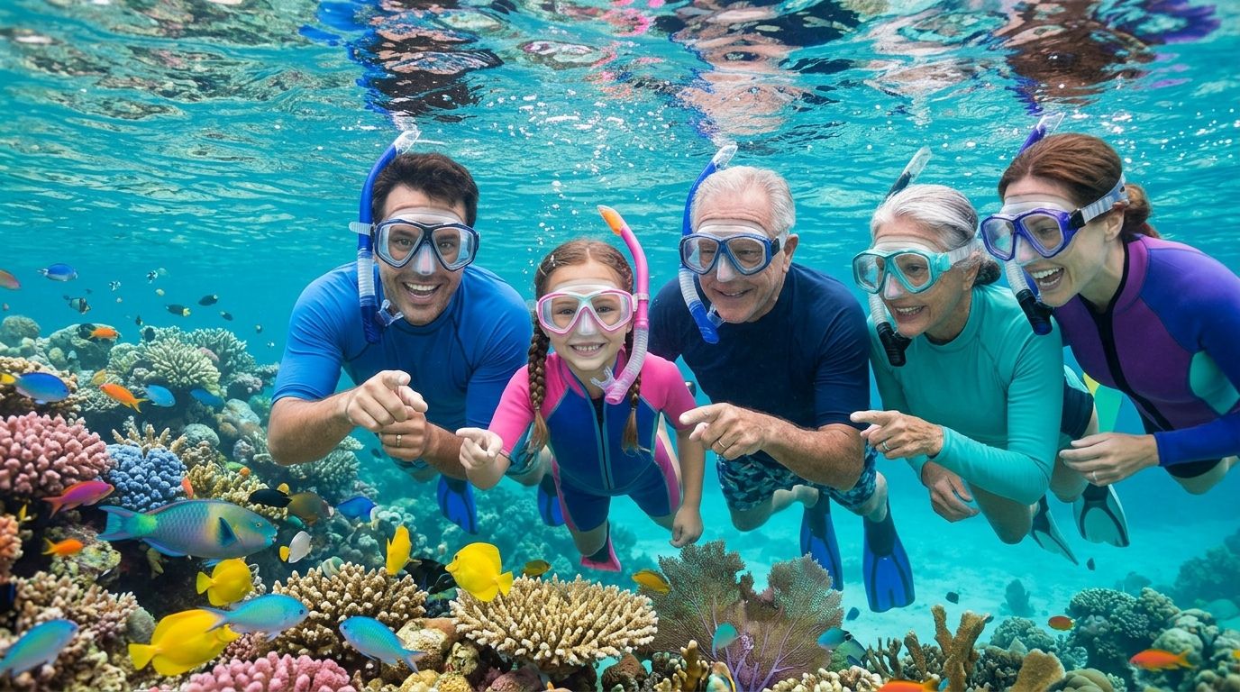 A happy multi-generational family wearing prescription snorkeling goggles while swimming among vibrant coral and tropical fish.
