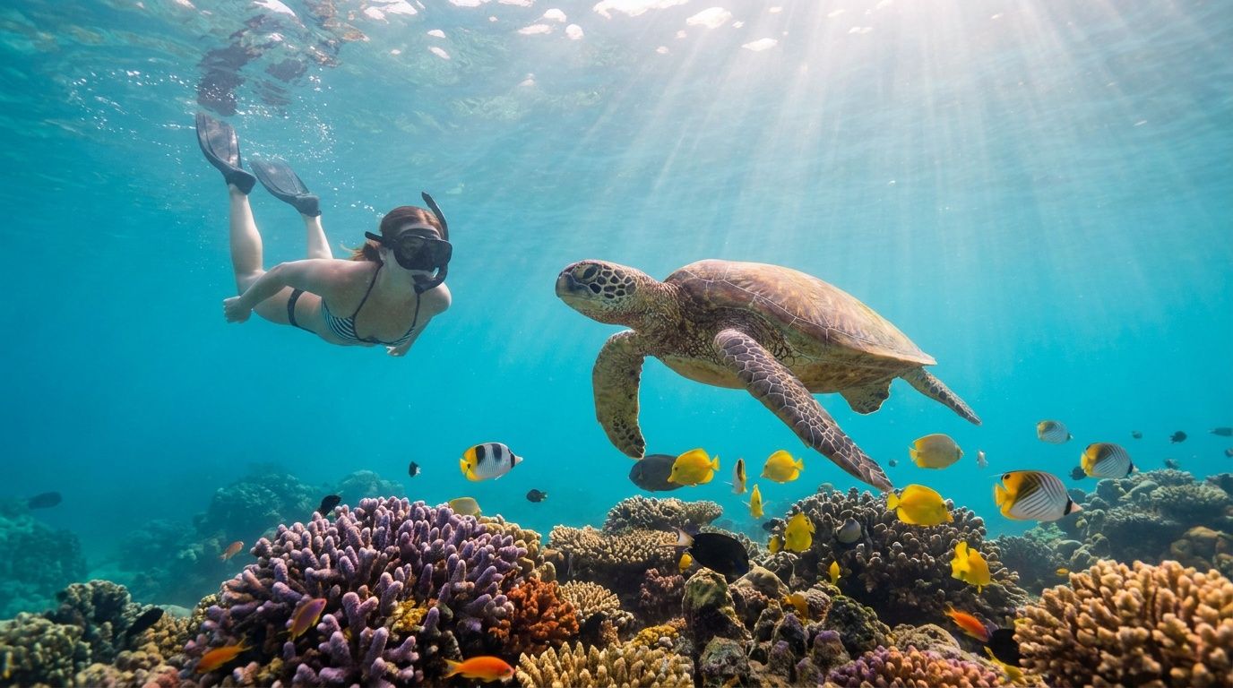 A woman snorkeling underwater next to a large sea turtle and a colorful coral reef.