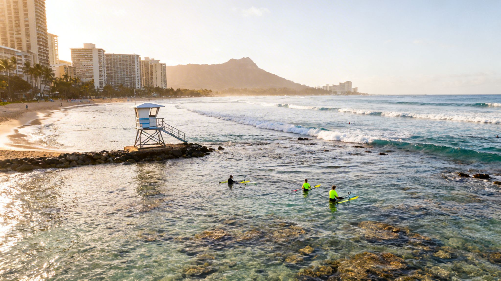 Waikiki Beach aerial view with a lifeguard tower, surfers, and clear waters over coral reefs.