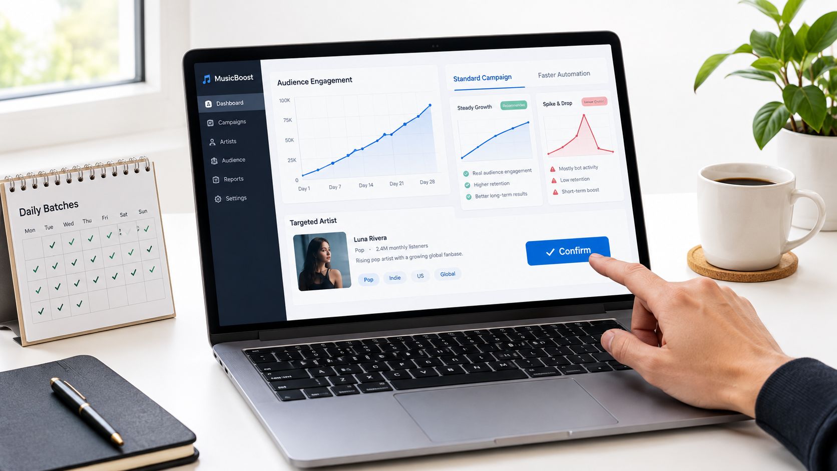 A person using a laptop with a MusicBoost digital marketing dashboard to manage artist campaigns and analytics.