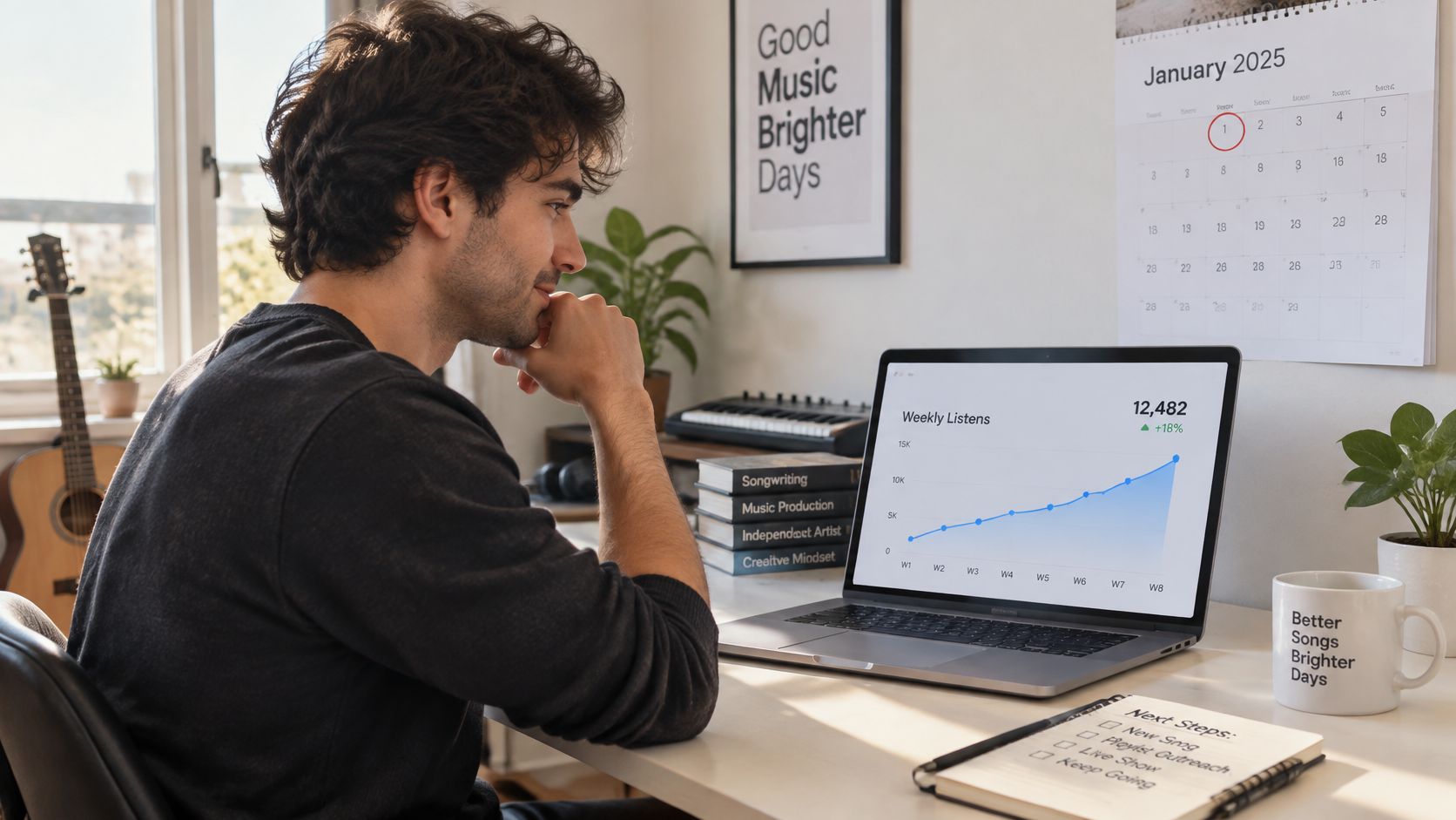 A young man sitting at his desk, analyzing increasing music streaming statistics on his laptop screen.