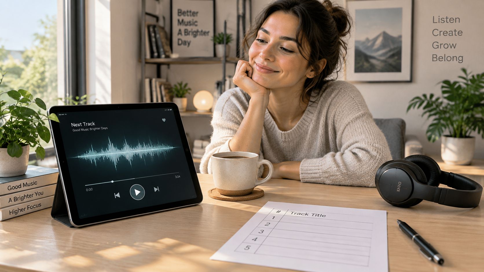 A woman relaxes at a desk with a digital tablet displaying music waveforms and headphones nearby.