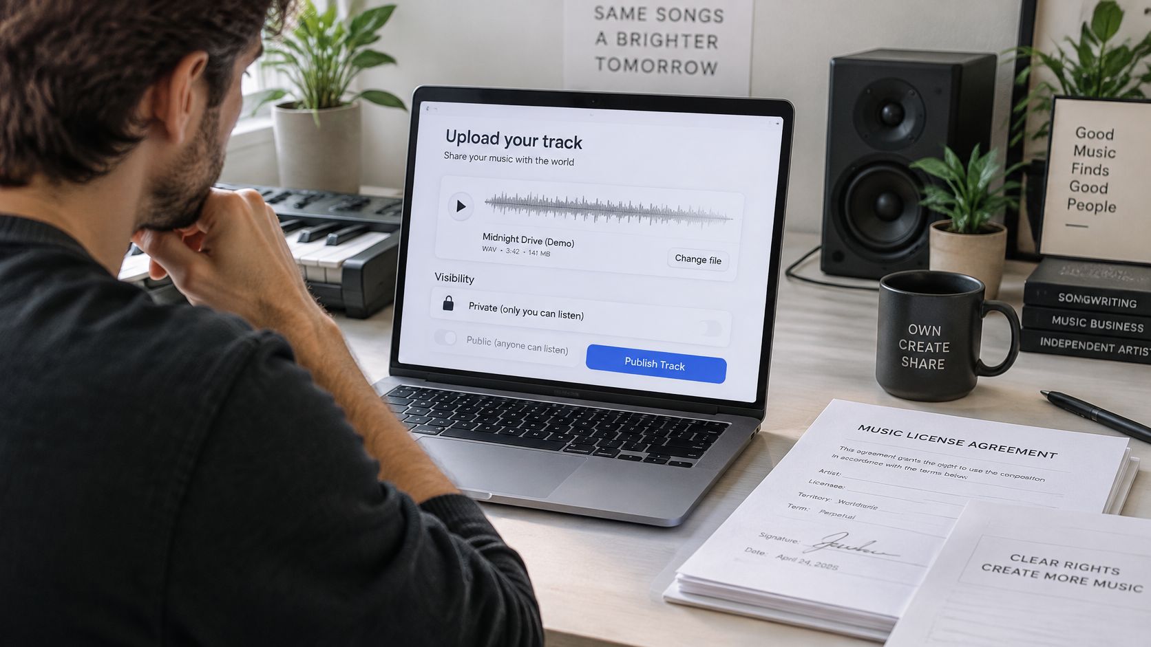 A musician working on his laptop while uploading a music track in a home studio setting.