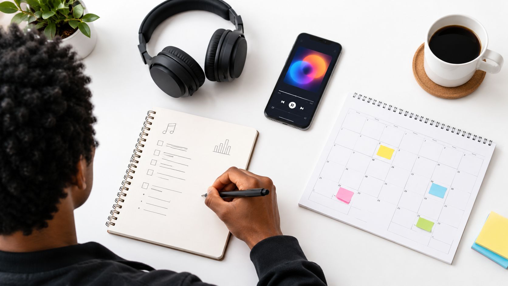 A person writing in a notebook near headphones, a smartphone playing music, and a calendar.
