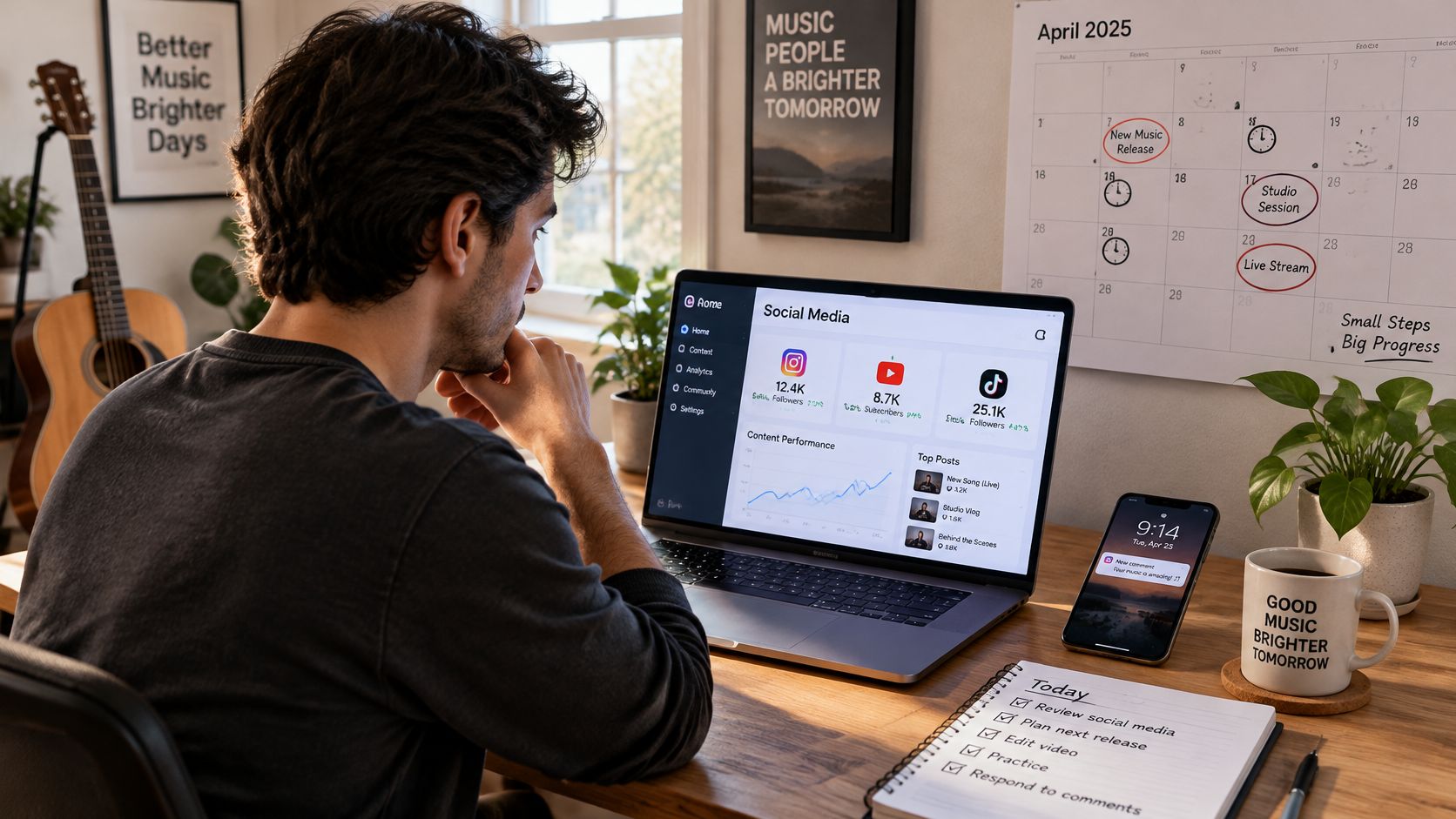 A musician analyzing social media growth metrics on a laptop while working at a desk with instruments.