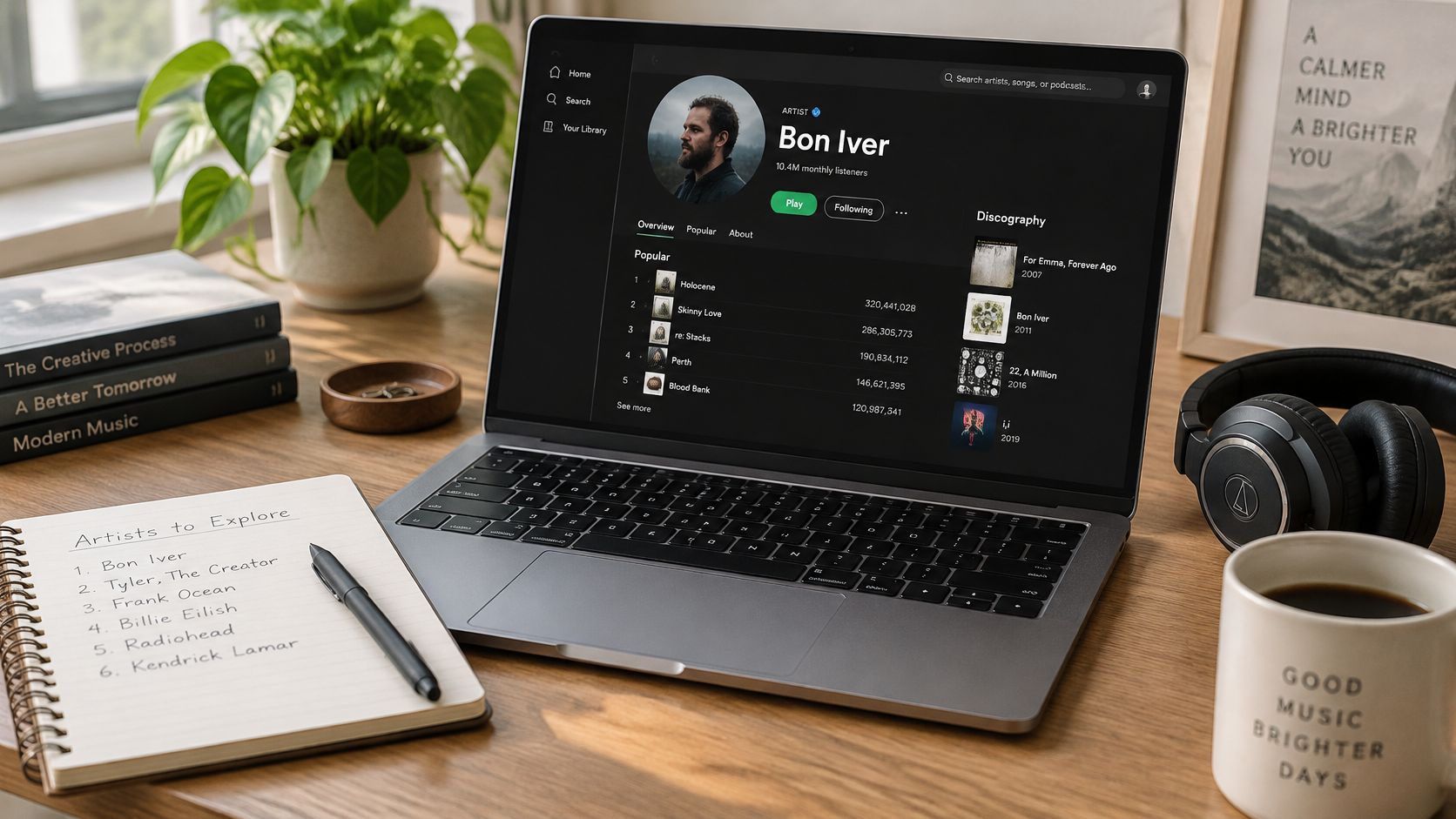 A laptop on a wooden desk displaying Bon Iver's Spotify profile next to a notebook and coffee.