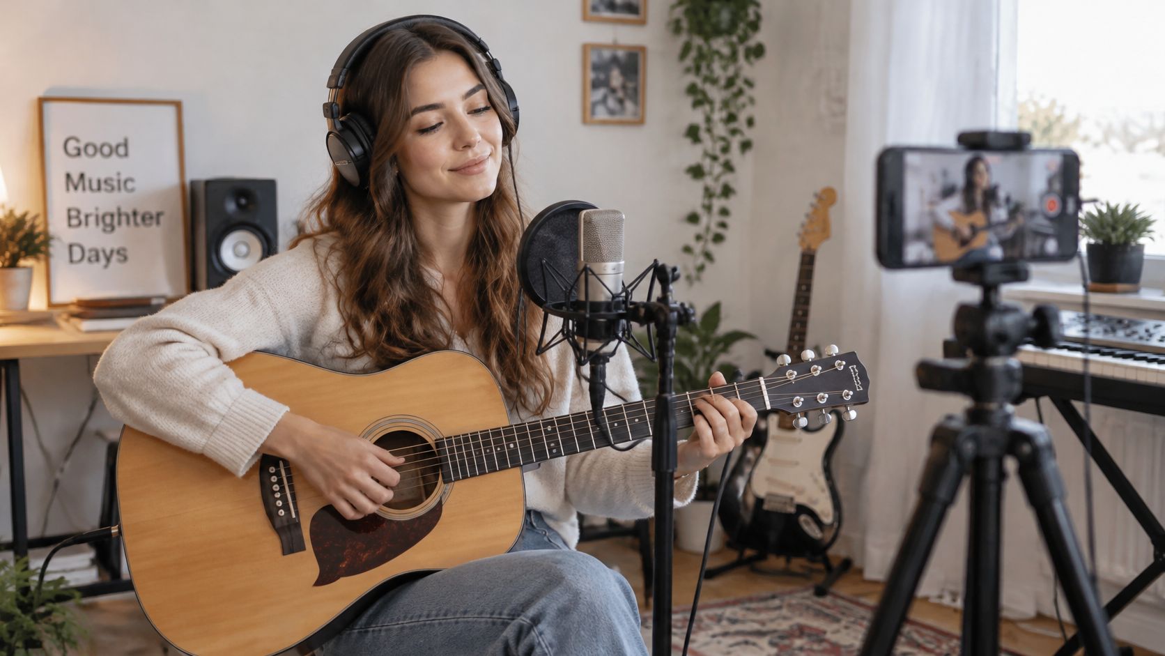 A young woman playing an acoustic guitar and singing into a studio microphone while recording a video.