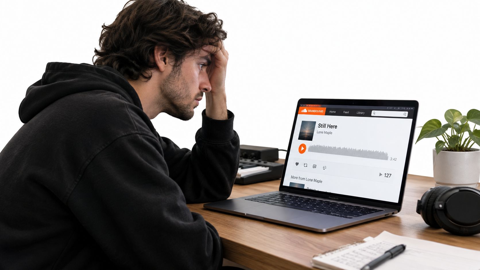 A frustrated young man sitting at a wooden desk, looking at his laptop screen displaying SoundCloud music.