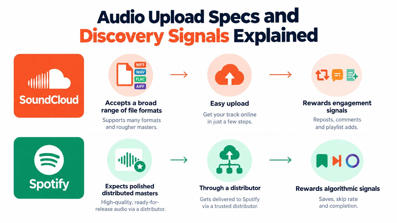 A comparison infographic showing the different audio upload requirements and discovery signals for SoundCloud and Spotify platforms.
