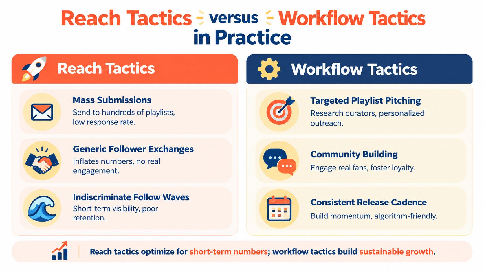A comparison chart showing Reach Tactics versus Workflow Tactics for effective music marketing and audience growth.