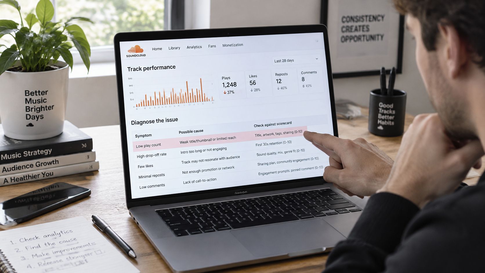 A person analyzing SoundCloud track performance metrics on a laptop screen while taking notes at a desk.