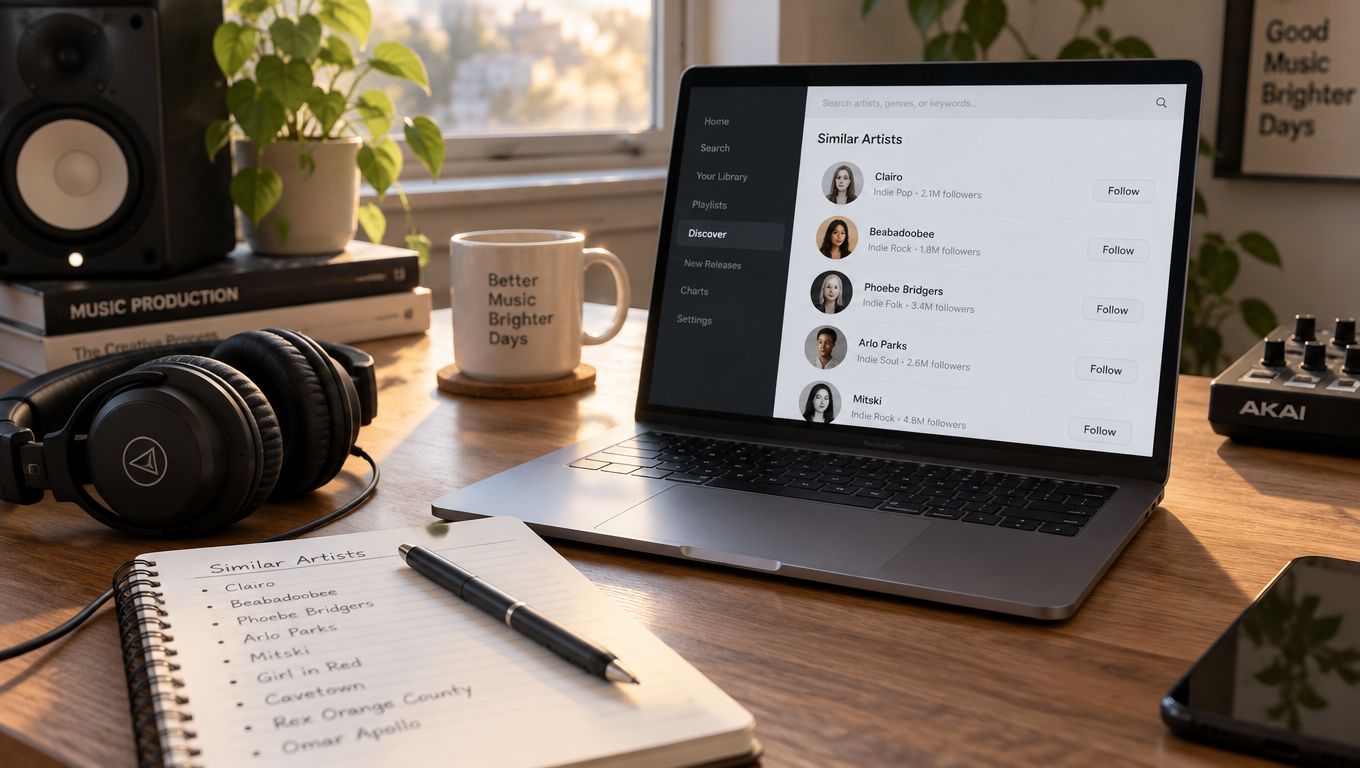 A modern music production workspace featuring a laptop, headphones, a notepad, and a coffee mug.