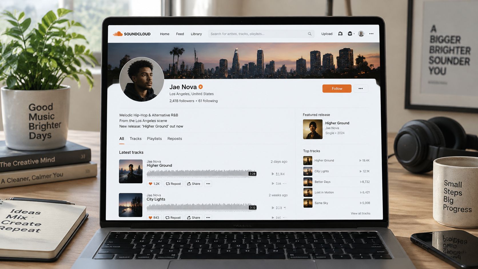 A laptop screen displaying the SoundCloud profile page for the artist Jae Nova on a wooden desk.