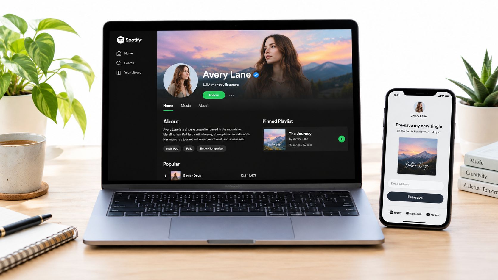 A laptop and smartphone displaying a Spotify artist profile for music streaming promotion on a wooden desk.