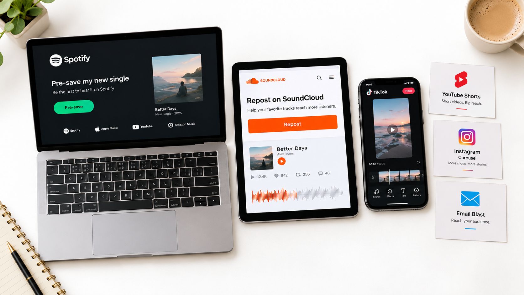 A top-down view of a desk featuring a laptop, tablet, and smartphone displaying music streaming promotion tools.