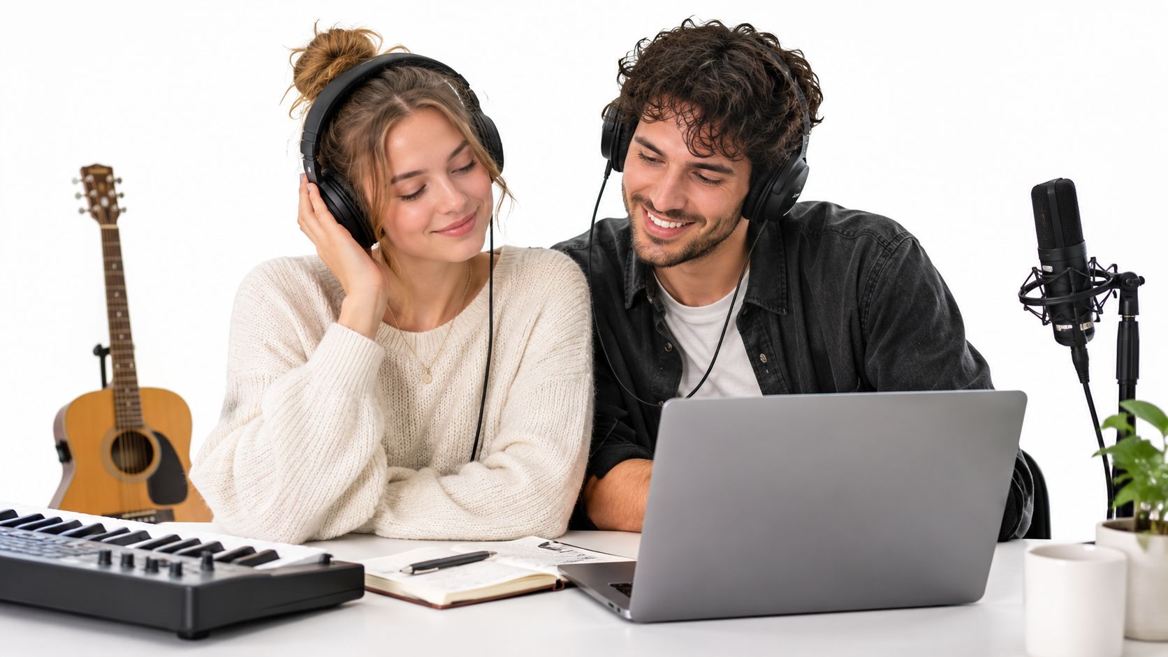 A happy young couple collaborating on music production with headphones, a laptop, and a guitar in a studio.