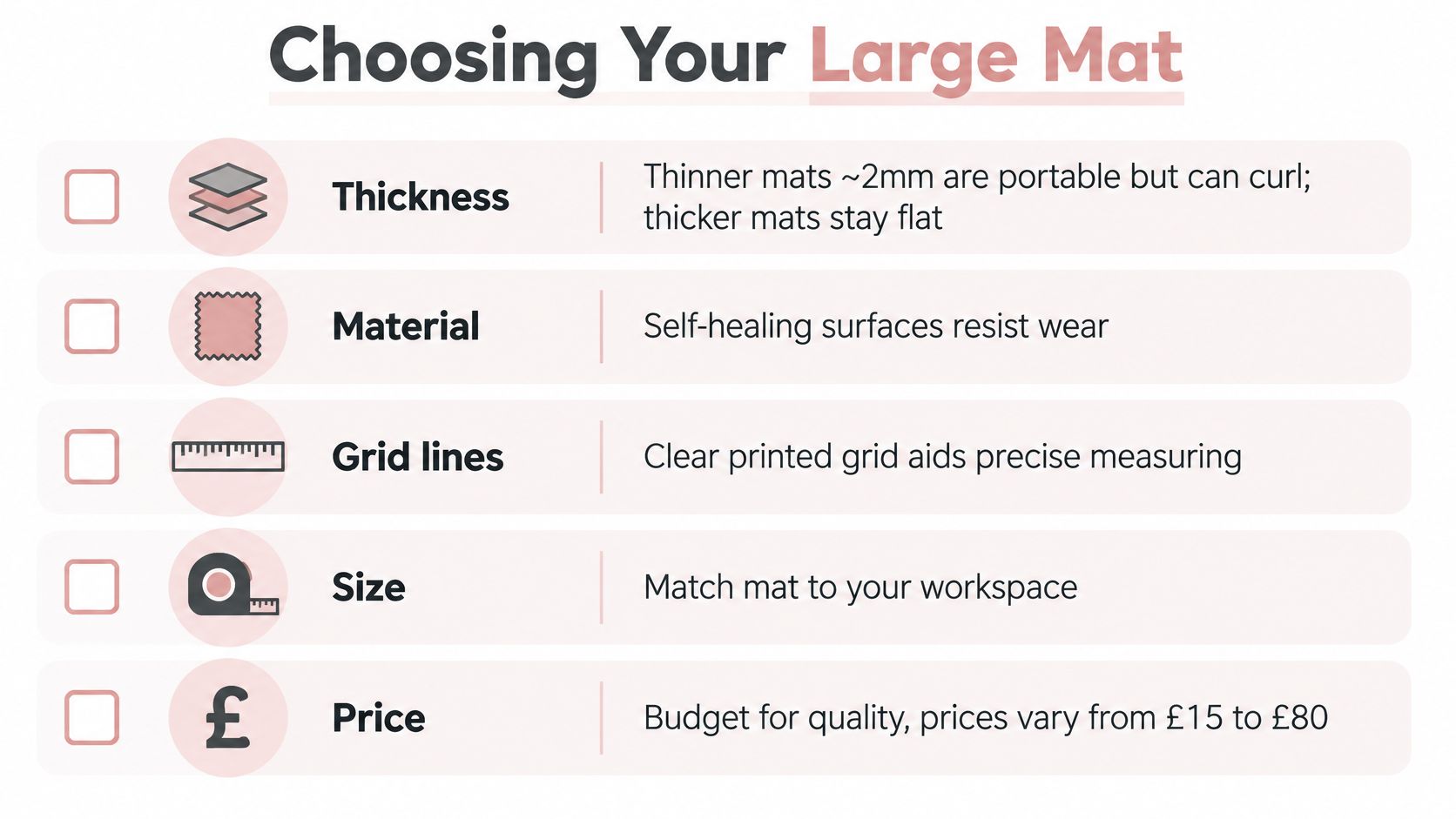 A guide listing five key factors for choosing a large mat, including thickness, material, grid, size, and price.