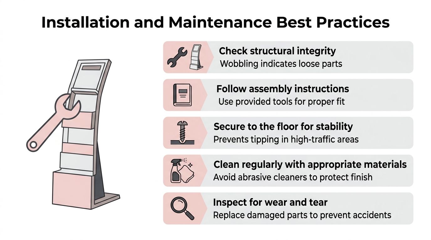 A graphic showing tips for the proper installation and maintenance of a commercial retail display stand.